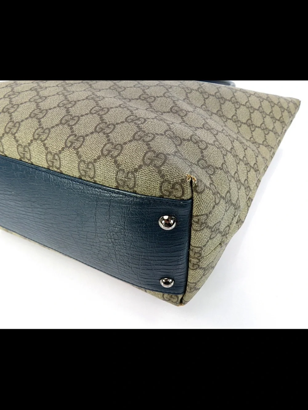 Gucci Beige GG Canvas Tote with Blue Leather Handles